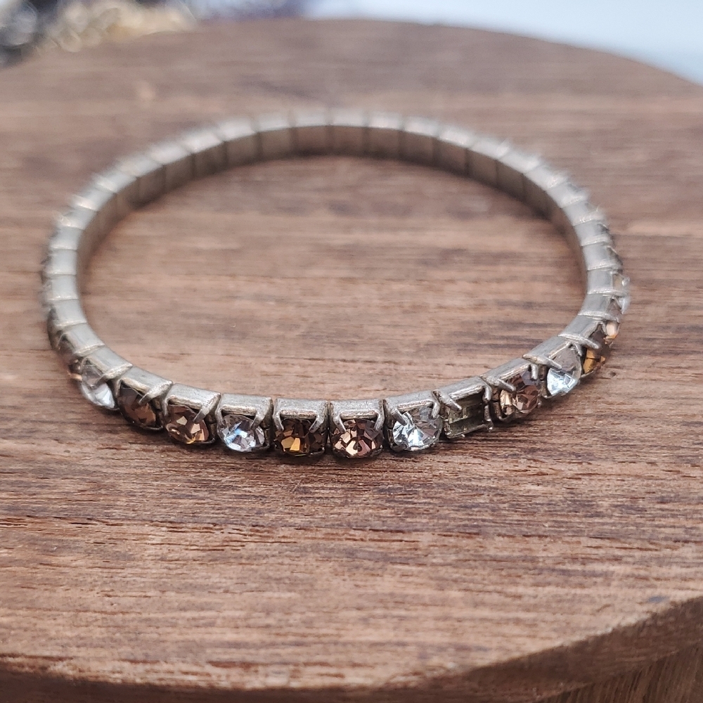 Classic Silver-Tone Stretch Crystal Bracelet - Clear and Champagne B3431